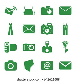 Set of 16 contour filled icons such as jumpsuit, rose, camera, email, land territory