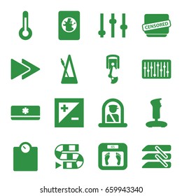 set of 16 control filled icons such as airport officer, floor scales, censored, fast forward, slider, metronome, blinds, light exposure, air conditioner