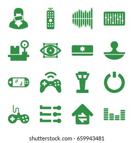 set of 16 control filled icons such as airport tower, joystick, lugagge weight, censored woman, equalizer, slider, stamp, home connection, remote control