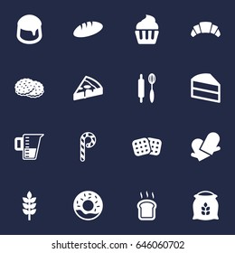 Set Of 16 Cook Icons Set.Collection Of Slice Bread, Pastry, Measurement And Other Elements.