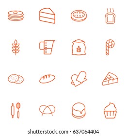 Set Of 16 Cook Outline Icons Set.Collection Of Rolling Pin, Measuring Cup, Pudding And Other Elements.