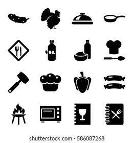 Set of 16 cooking filled icons such as sausage, oil, turkey, dish, cucumber, drink and food, pepper, pie, restaurant, menu, chef hat and spoon, pan, knife