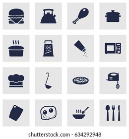 Set Of 16 Cooking Icons Set.Collection Of Kitchen Rasp, Pepperoni, Poultry Foot And Other Elements.