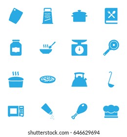 Set Of 16 Cooking Icons Set.Collection Of Weighing Machine, Chef Cap, Loaf And Other Elements.