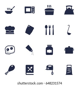 Set Of 16 Cooking Icons Set.Collection Of Silverware, Saltshaker, Saucepan And Other Elements.