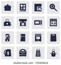 Set Of 16 Cooking Icons Set.Collection Of Pinafore, Skillet, Bread Heater And Other Elements.