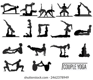 Set of 16 couple yoga silhouettes cutout vector icon sets in various poses isolated on white background. Man, woman, partner yoga on mat.