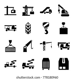 Set of 16 crane filled icons such as construction crane, truck with hook, hook with cargo