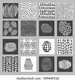 Set of 16 creative black and white cards with hand drawn textures pen and ink arts. Stickers for invitations. Vector isolated design of flayers, banners, posters.