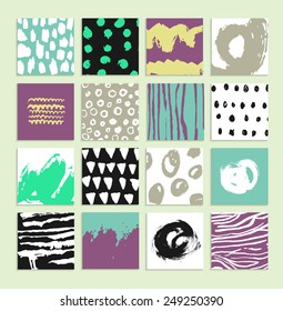 Set of 16 creative cards. Hand Drawn textures made with ink. Vector. Isolated.