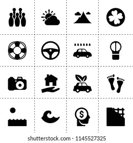 Set of 16 creative filled icons such as money in head, steering wheel, car wash, eco car, house clean, bowling, camera, plastering, clover, bulb, sea, wave, lifebuoy, mountain