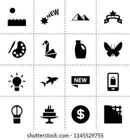 Set Of 16 Creative Filled Icons Such As Bulb, Car Oil, Banner, Paint, Origami, Plastering, Cake, Money, New, Mobile Shopping, Sea, Mountain, Shark