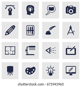 Set Of 16 Creative Icons Set.Collection Of Case, Artist, Scheme And Other Elements.
