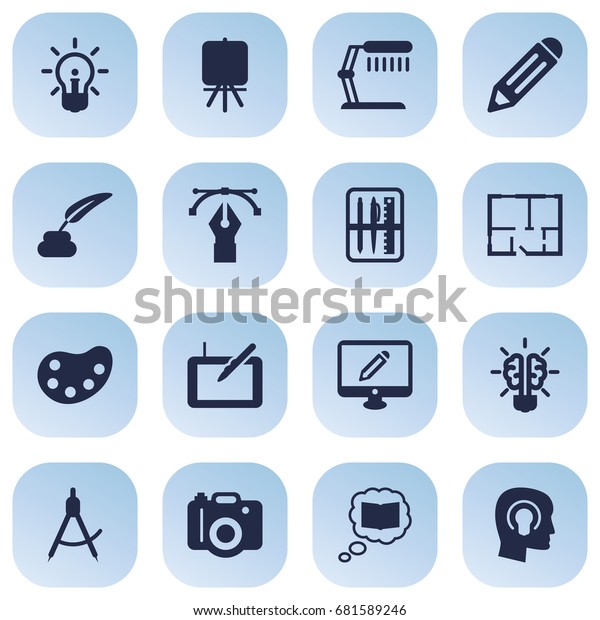 Set Of 16 Creative Icons Set.Collection Of\
Artist , Writing , Stand\
Elements.