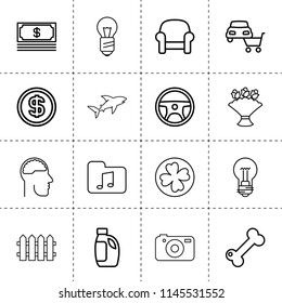 Set of 16 creative outline icons such as fence, steering wheel, car oil, armchair, car shop, bulb, music folder, camera, bouquet, clover, brain in head, money, dog bone