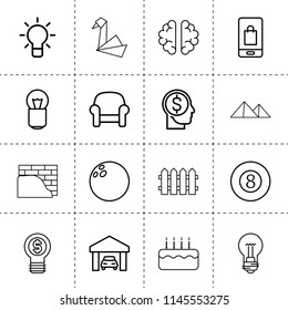 Set Of 16 Creative Outline Icons Such As Fence, Money In Head, Bulb, Armchair, Car Garage, Billiards, Bowling, Plastering, Cake, Dollar Bulb, Origami, Brain, Mobile Shopping