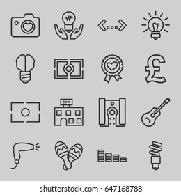 Set of 16 creative outline icons such as hair dryer, spa building, equalizer, heart ribbon, heart with camera, guitar, maraca, camera focus, camera