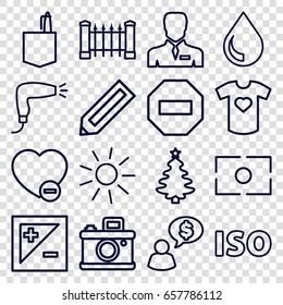 set of 16 creative outline icons such as pencil, fence, hair dryer, sun, office room, businessman, minus favorite, t-shirt with heart, light exposure, iso