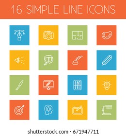 Set Of 16 Creative Outline Icons Set.Collection Of Concept, Palette, Brain And Other Elements.