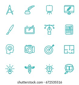Set Of 16 Creative Outline Icons Set.Collection Of Graphic Tablet, Dividers, Drawing Tools And Other Elements.