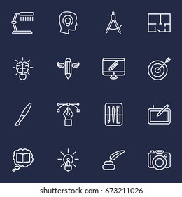 Set Of 16 Creative Outline Icons Set.Collection Of Idea, Knowledge, Dslr Camera And Other Elements.