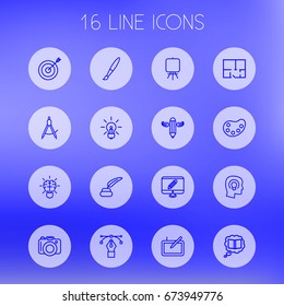 Set Of 16 Creative Outline Icons Set.Collection Of Knowledge, Dslr Camera, Brain And Other Elements.