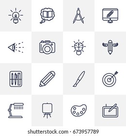 Set Of 16 Creative Outline Icons Set.Collection Of Easel, Drawing Tools, Brain And Other Elements.