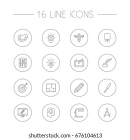 Set Of 16 Creative Outline Icons Set.Collection Of Drawing Tools, Concept, Table Lamp And Other Elements.
