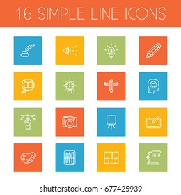 Set Of 16 Creative Outline Icons Set.Collection Of Brain, Knowledge, Inkwell With Pen And Other Elements.