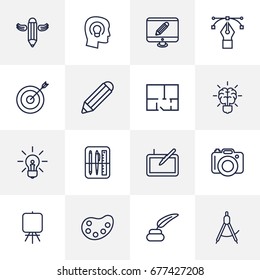Set Of 16 Creative Outline Icons Set.Collection Of Idea, Easel, Dividers And Other Elements.