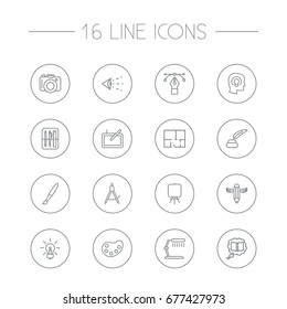 Set Of 16 Creative Outline Icons Set.Collection Of Writing, Dslr Camera, Bezier Curve And Other Elements.
