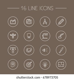 Set Of 16 Creative Outline Icons Set.Collection Of Table Lamp, Writing, Dslr Camera And Other Elements.