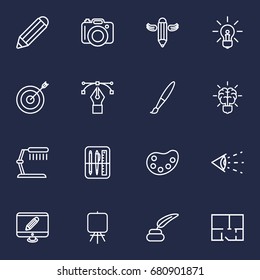 Set Of 16 Creative Outline Icons Set.Collection Of Easel, Property Plan, Dslr Camera And Other Elements.