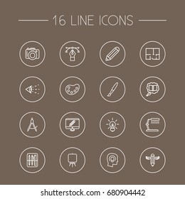 Set Of 16 Creative Outline Icons Set.Collection Of Table Lamp, Dslr Camera, Dividers And Other Elements.