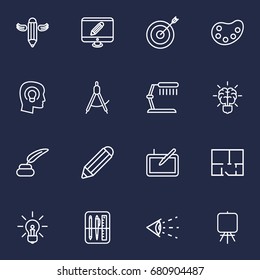 Set Of 16 Creative Outline Icons Set.Collection Of Target, Easel, Table Lamp And Other Elements.