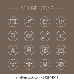Set Of 16 Creative Outline Icons Set.Collection Of Easel, Pencil, Monitor And Other Elements.