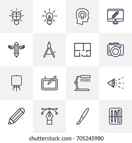 Set Of 16 Creative Outline Icons Set.Collection Of Drawing Tools, Table Lamp, Pencil And Other Elements.
