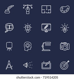 Set Of 16 Creative Outline Icons Set.Collection Of Monitor, Brain, Vision And Other Elements.