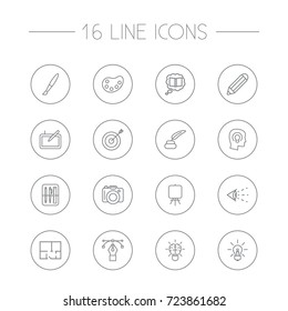 Set Of 16 Creative Outline Icons Set.Collection Of Pencil, Drawing Tools, Knowledge And Other Elements.