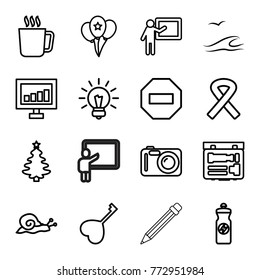 Set of 16 creative outline icons such as mug, snail, signal, teacher, christmas tree, energy drink, heart key, minus, balloon, ribbon, camera, bulb, sea and gull