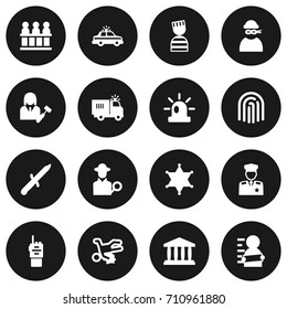 Set Of 16 Crime Icons Set.Collection Of Thief, Policeman, Walkie-Talkie And Other Elements.