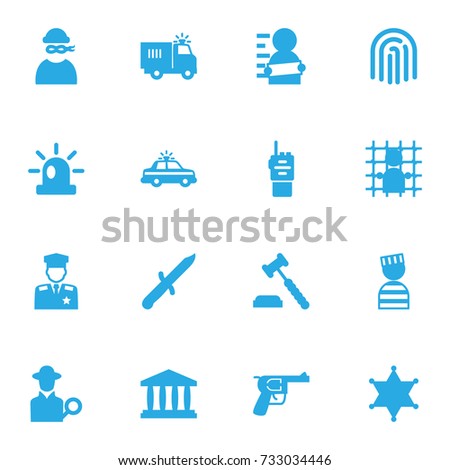 Set Of 16 Crime Icons Set.Collection Of Walkie-Talkie, Thumbprint, Suspicious And Other Elements.