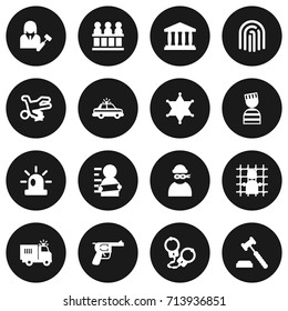 Set Of 16 Criminal Icons Set.Collection Of Thief, Jury, Judge Gavel And Other Elements.