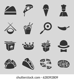 set of 16 cuisine filled icons such as taco, pizza, chinese fast food, chicken leg, noodles fast food, pepper, chef, chef hat, hat and bow, pan, asian food