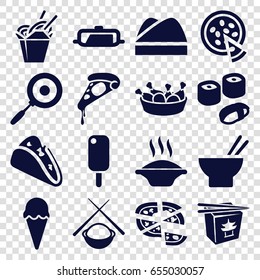 set of 16 cuisine filled icons such as pan, taco, pizza, chinese fast food, asian food, chicken leg, chef hat, sushi, ice cream