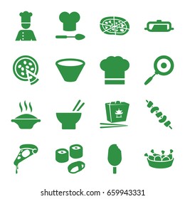 set of 16 cuisine filled icons such as pan, pizza, chinese fast food, asian food, chicken leg, kebab, chef, chef hat, chef hat and spoon, bowl, sushi
