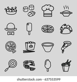 set of 16 cuisine outline icons such as pizza, taco, chinese fast food, chicken leg, chef hat, hat and bow, bowl, pan, sushi, ice cream