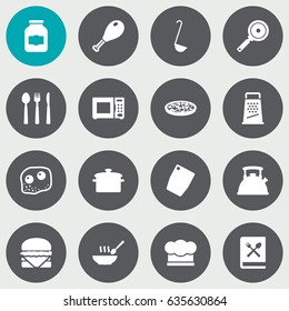 Set Of 16 Culinary Icons Set.Collection Of Jar, Silverware, Cooking Instruction And Other Elements.