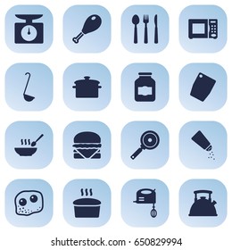 Set Of 16 Culinary Icons Set.Collection Of Poultry Foot, Weighing Machine, Teapot And Other Elements.