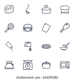 Set Of 16 Culinary Outline Icons Set.Collection Of Chicken Leg, Kettle, Scales And Other Elements.